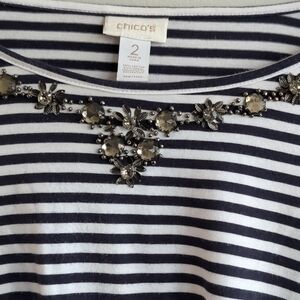 Chicos Striped Embellished Top Short Sleeves Size 2